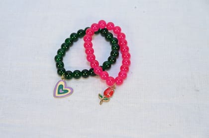 Trendy Green and Pink Beaded Charm Bracelet Set