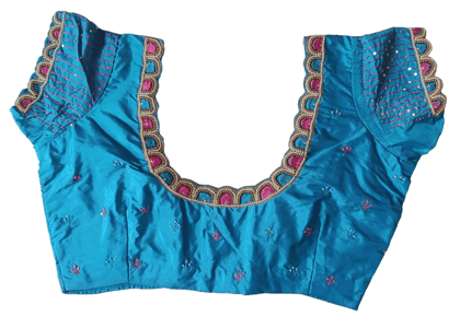 Buy Online Blue Color Embroidered Readymade Blouse With Round Neck And Elbow Sleeves For Women