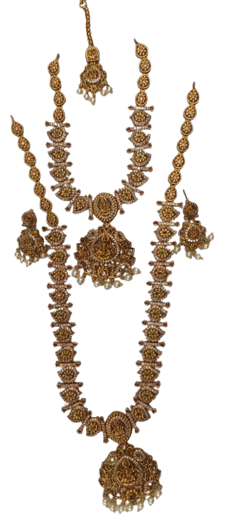 **Product Title:**  "Stunning Antique Gold Long Necklace Set with Earrings and Maang Tikka for Women" - Jewellery Sets | Buy online on ZillyBuy