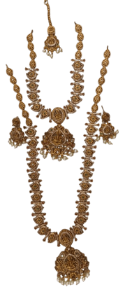 **Product Title:**  "Stunning Antique Gold Long Necklace Set with Earrings and Maang Tikka for Women"
