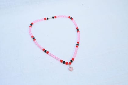 Pink and Black Beaded Necklace with Silver Pendant