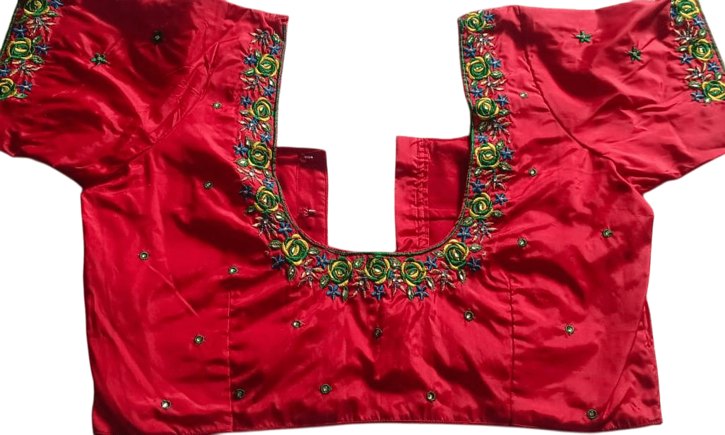 Red Hand Embroidered Blouse With Floral Motifs and Mirror Work