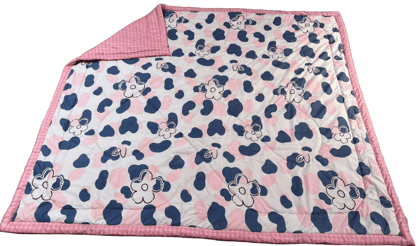 Pink and Blue Cow Print Baby Blanket with Flowers