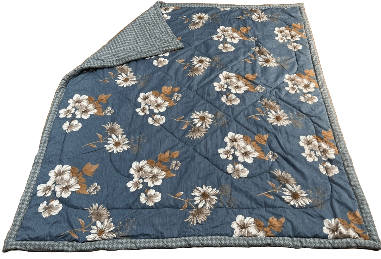 Quilted Floral Print Bedspread Coverlet with Shams, Full/Queen Size, Blue