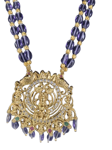 oxidized gold plated traditional long haar necklace set with round purple beads
