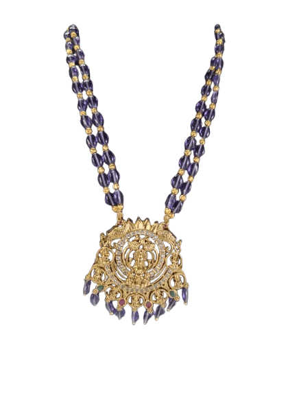 oxidized gold plated traditional long haar necklace set with round purple beads