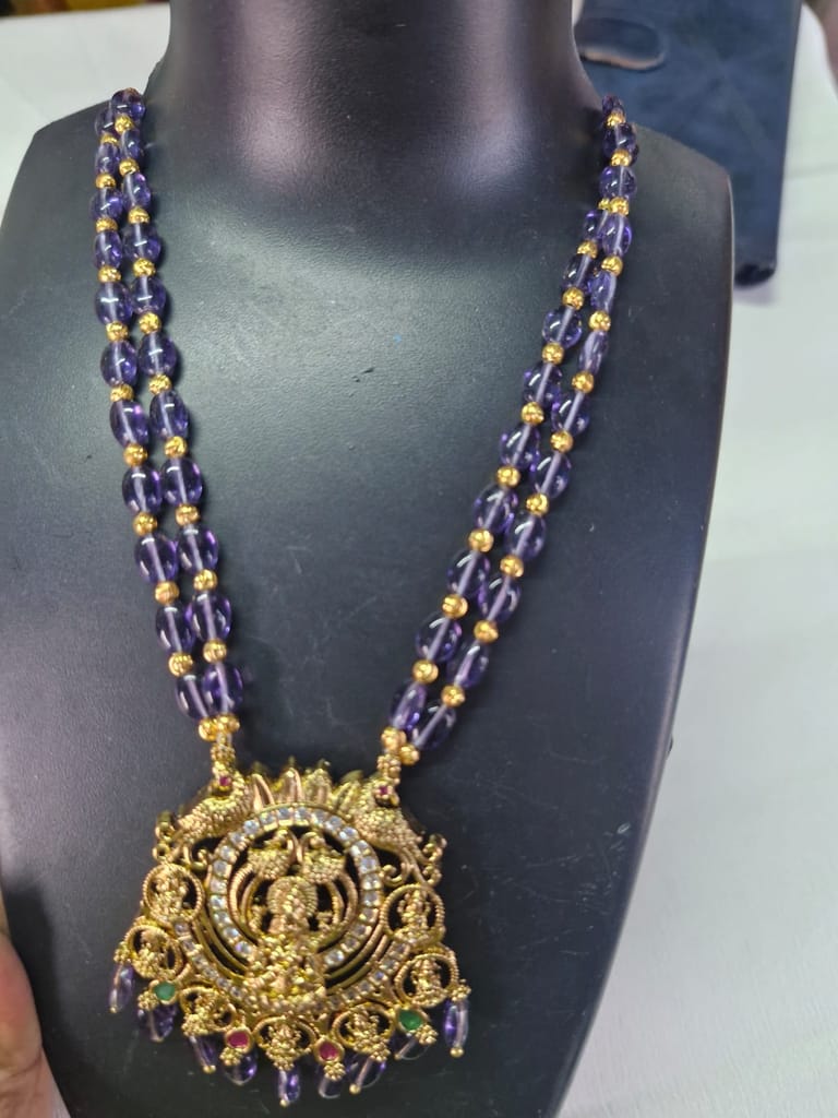 oxidized gold plated traditional long haar necklace set with round purple beads