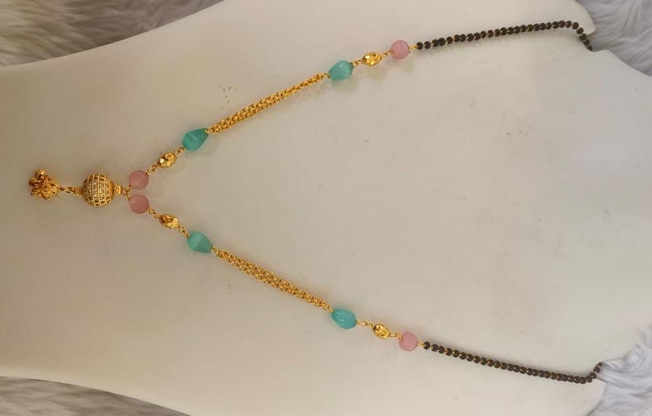 Delicate Gold Plated Mangalsutra with Sea Green and Pink Beads