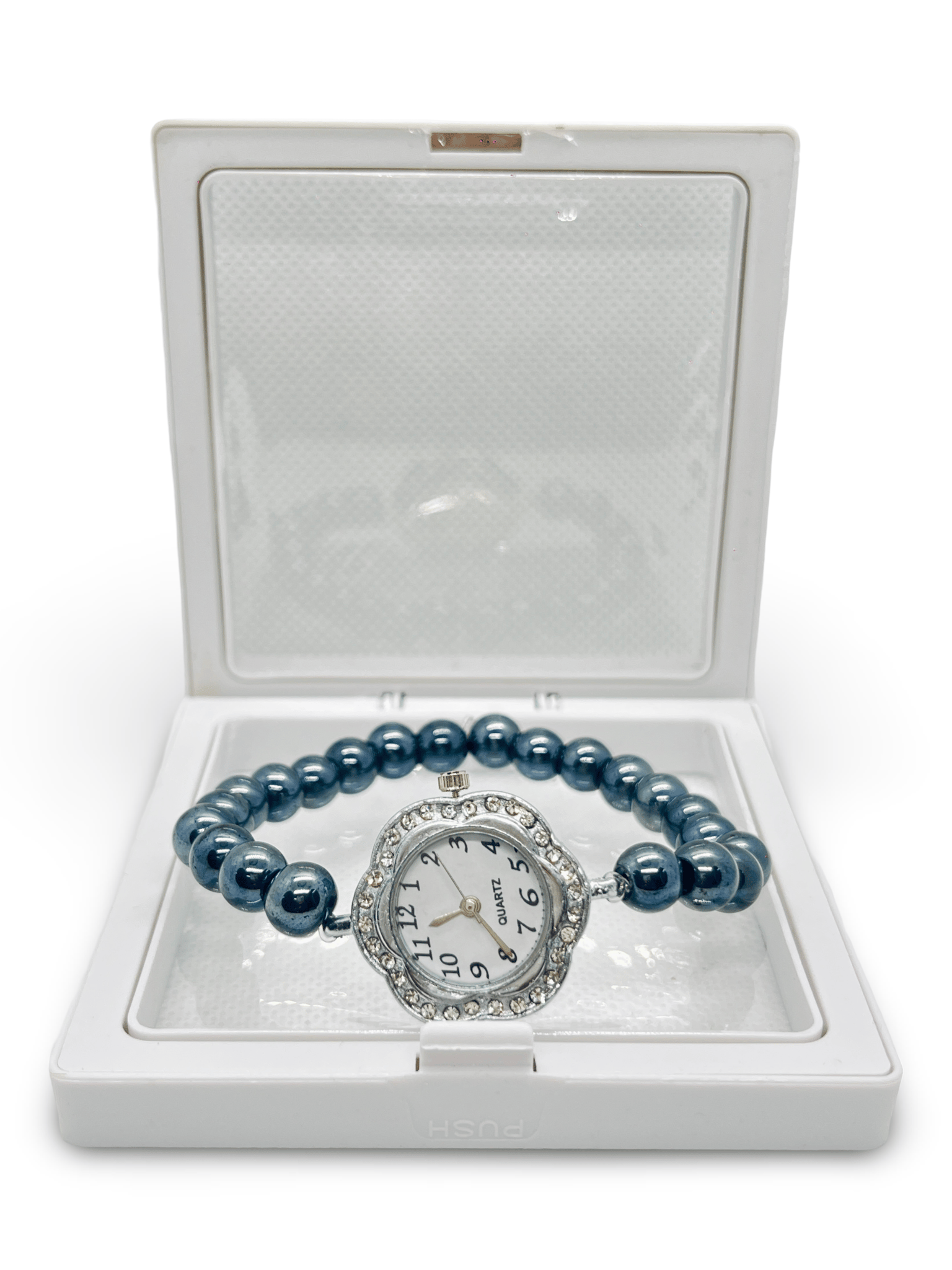 Black Beaded Watch with Rhinestone Dial