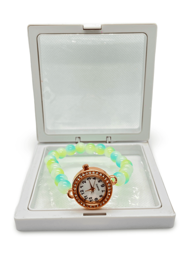 Women's Watch with Green and Blue Beaded Band