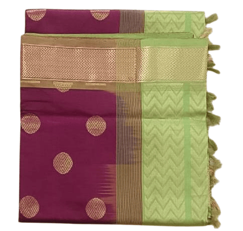 Pure Handloom Mysore Silk Saree With Zari Butta And Contrast Green Pallu
