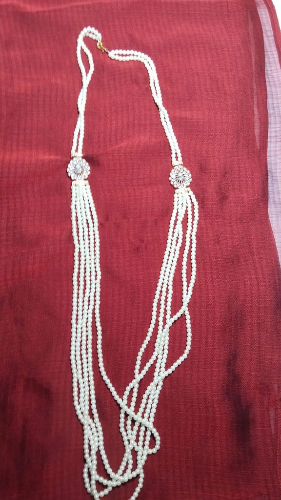 Pearl Necklace with Rhinestone Flower Brooch - 4 Strands