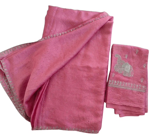 Pink Hand Embroidered Chiffon Saree with Silver Rhinestones and Matching Blouse Piece - Sarees | Buy online on ZillyBuy