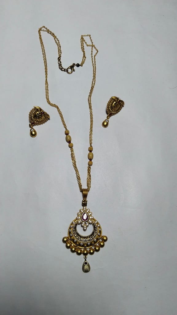 Gold Plated Traditional Chandbali Earrings with Long Necklace Set for Women