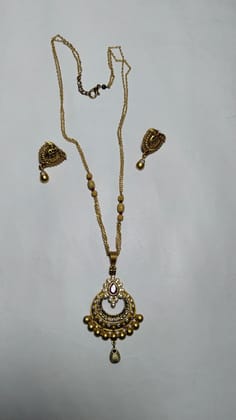 Gold Plated Traditional Chandbali Earrings with Long Necklace Set for Women