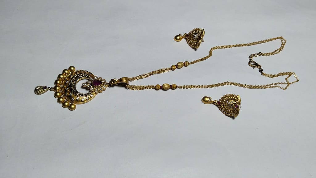 Gold Plated Traditional Chandbali Earrings with Long Necklace Set for Women