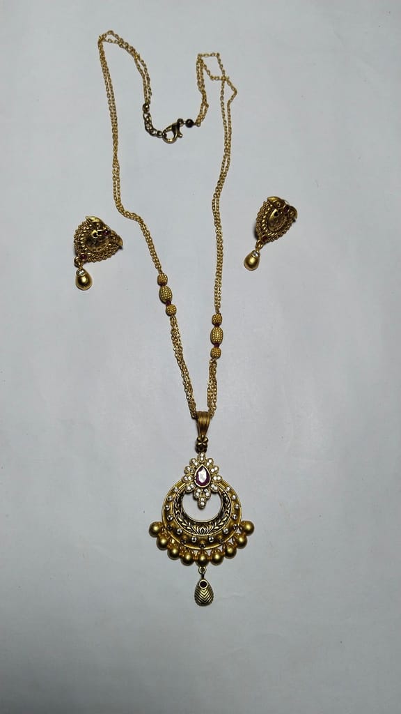 Gold Plated Traditional Chandbali Earrings with Long Necklace Set for Women