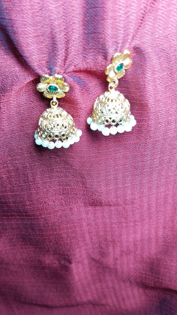 "Stunning Gold Plated Pearl and Green Stone Jhumka Earrings for Women"
