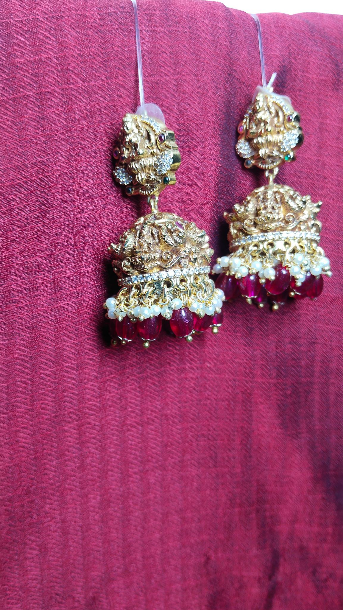 oxidized gold plated traditional jhumka earrings with pearls and rubies
