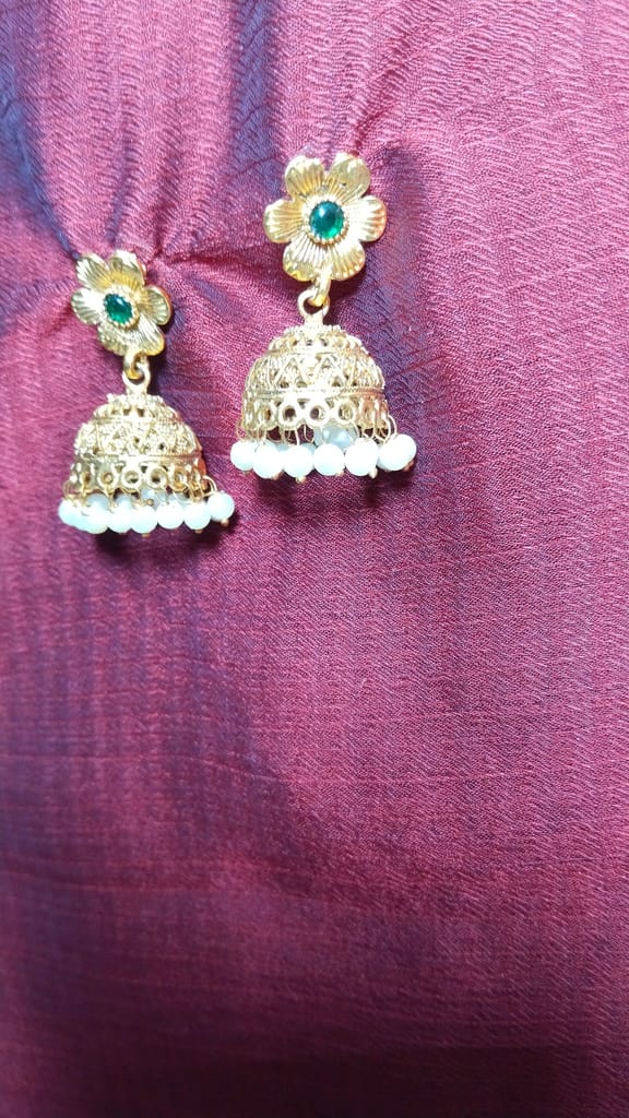 "Stunning Gold Plated Pearl and Green Stone Jhumka Earrings for Women"