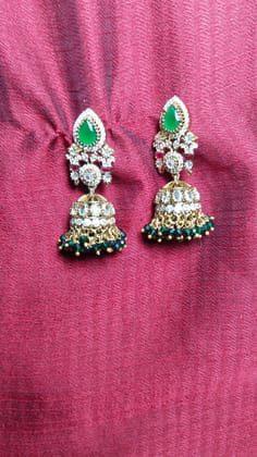 Indian Ethnic Gold Plated Kundan Meenakari Jhumka Earrings With Green Beads For Women