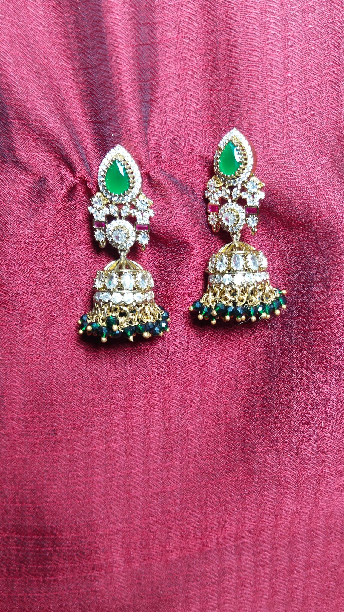 Indian Ethnic Gold Plated Kundan Meenakari Jhumka Earrings With Green Beads For Women