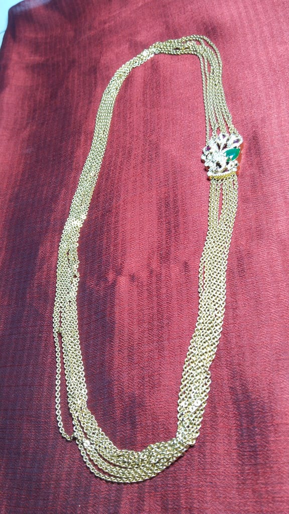 Gold Plated Traditional Indian Long Necklace Set with Green Stones for Women