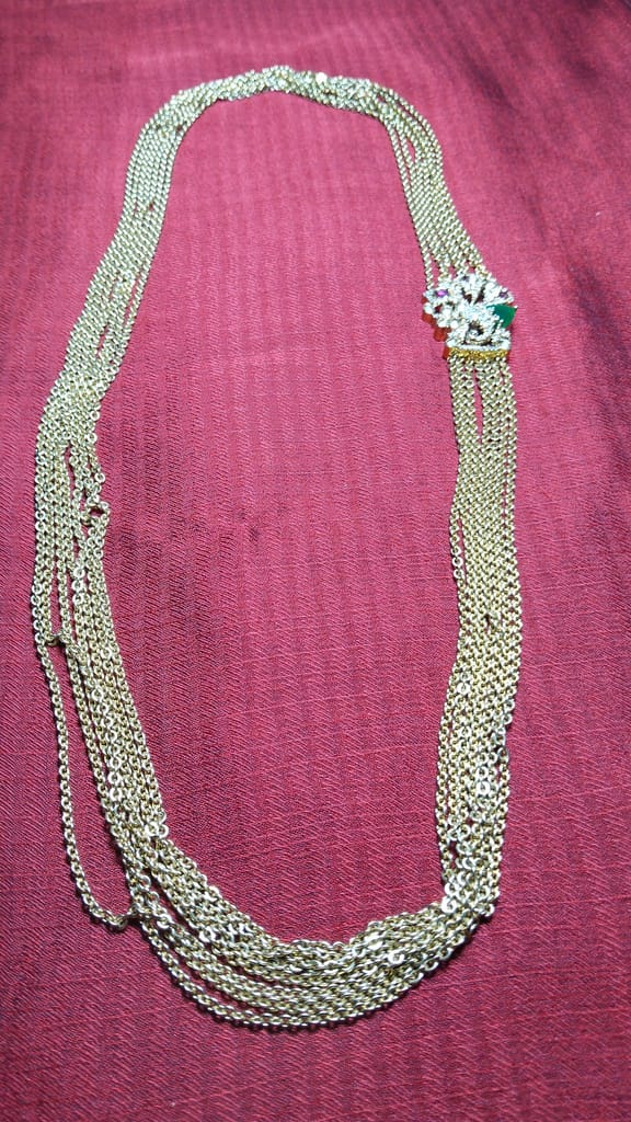 Gold Plated Traditional Indian Long Necklace Set with Green Stones for Women
