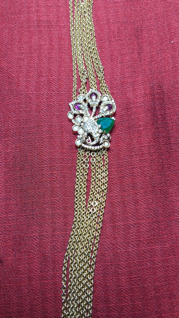 Gold Plated Traditional Indian Long Necklace Set with Green Stones for Women