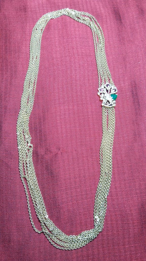 Gold Plated Traditional Indian Long Necklace Set with Green Stones for Women