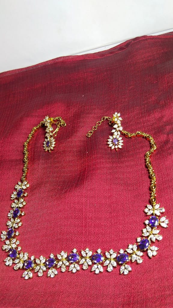 Stunning American Diamond Necklace Set with Blue Stones and Gold-Plated Chain for Women