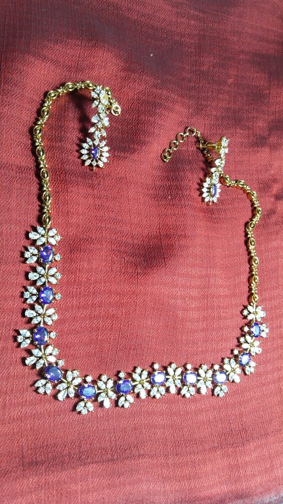 Stunning American Diamond Necklace Set with Blue Stones and Gold-Plated Chain for Women