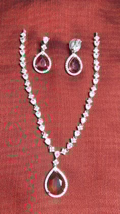 **Stunning Silver Plated Red Pear-Shaped Cubic Zirconia Bridal Jewelry Set with Necklace and Earrings**