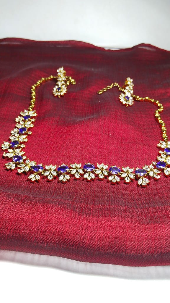 Stunning American Diamond Necklace Set with Blue Stones and Gold-Plated Chain for Women