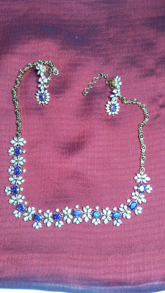 Stunning American Diamond Necklace Set with Blue Stones and Gold-Plated Chain for Women