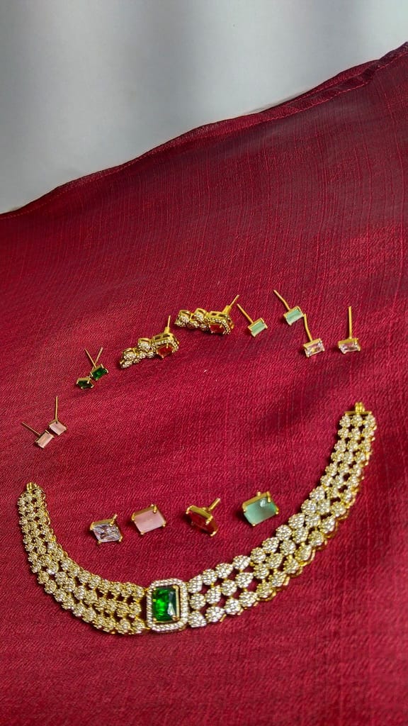 American Diamond Necklace Set with Earrings for Women - Gold Plated Traditional Indian Bridal Jewelry Set