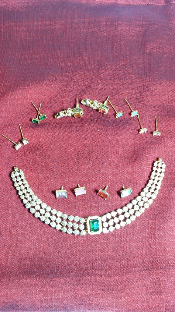 American Diamond Necklace Set with Earrings for Women - Gold Plated Traditional Indian Bridal Jewelry Set