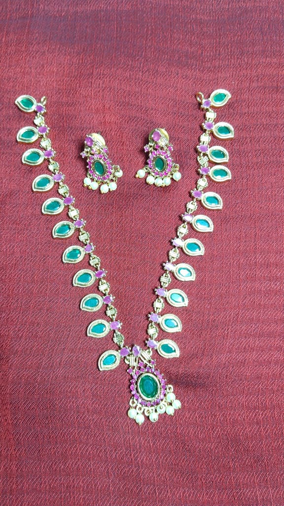 **Indian Traditional Gold Plated Green Stone Necklace Set with Earrings for Women**