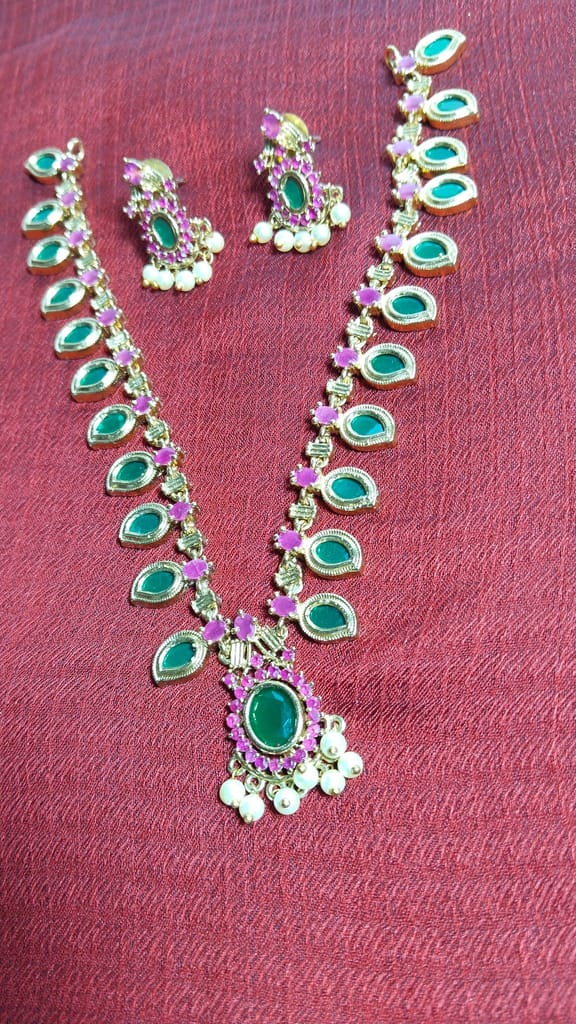 **Indian Traditional Gold Plated Green Stone Necklace Set with Earrings for Women**