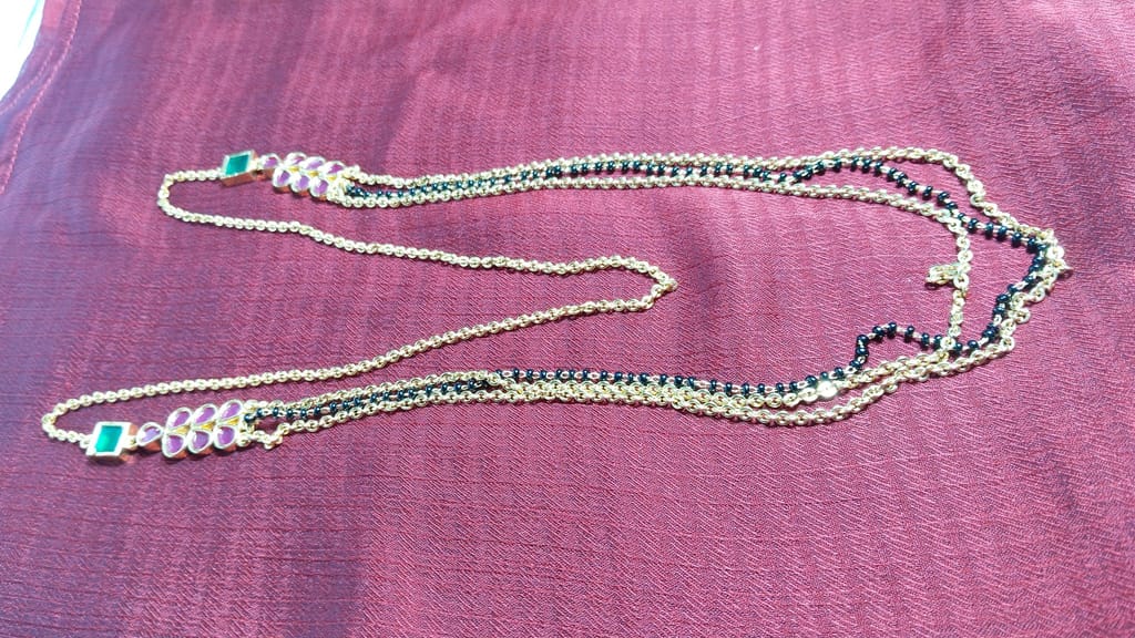 Three Layered Black Beads Gold Plated Chain with Ruby and Emerald Stones