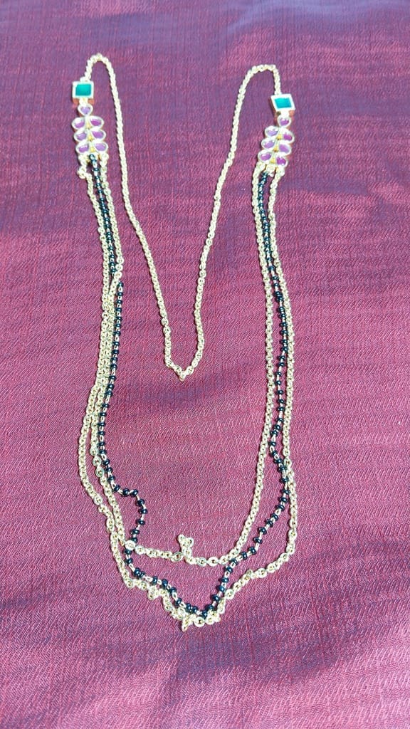 Three Layered Black Beads Gold Plated Chain with Ruby and Emerald Stones
