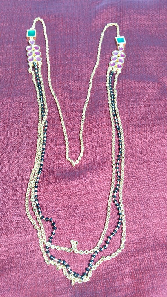 Three Layered Black Beads Gold Plated Chain with Ruby and Emerald Stones