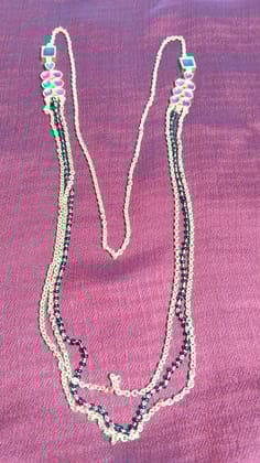 Three Layered Black Beads Gold Plated Chain with Ruby and Emerald Stones