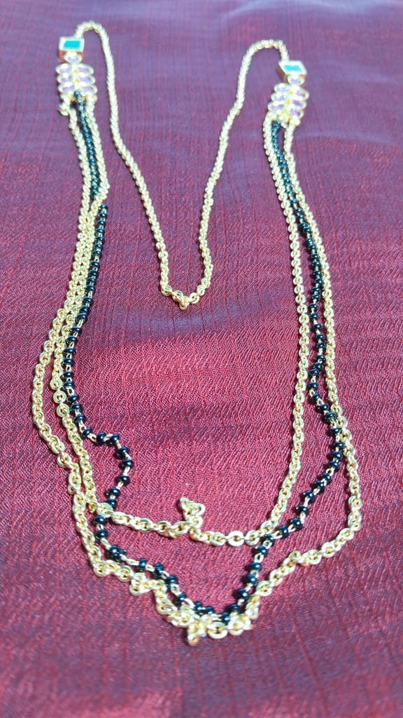 Three Layered Black Beads Gold Plated Chain with Ruby and Emerald Stones