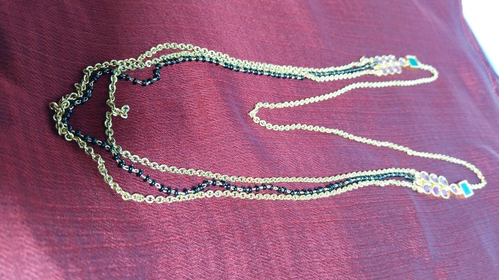 Three Layered Black Beads Gold Plated Chain with Ruby and Emerald Stones