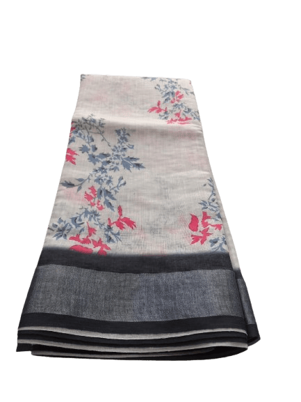 Half White Floral Designer Pure Linen Saree with Blouse piece