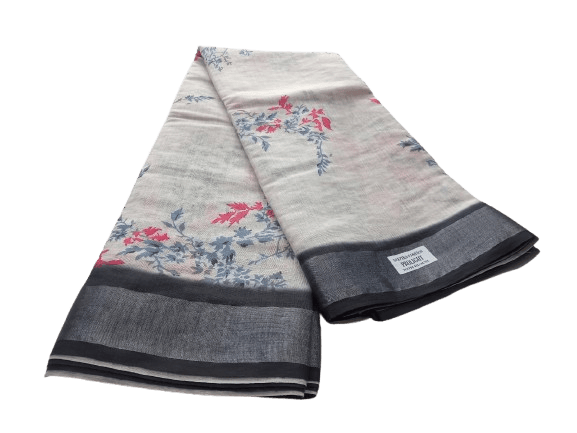 Half White Floral Designer Pure Linen Saree with Blouse piece