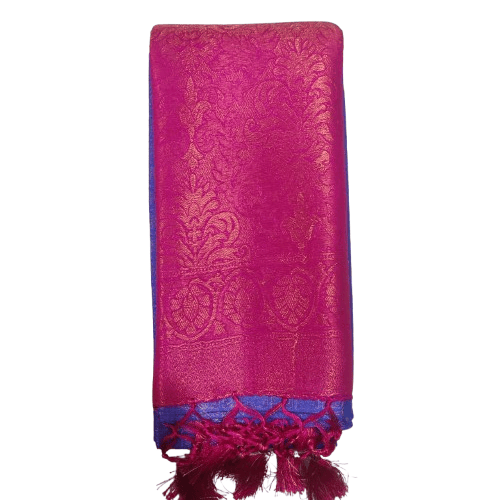 Pink Saree With Golden Zari Work And Blue border with (5.5) meter saree combined blouse - Sarees | Buy online on ZillyBuy