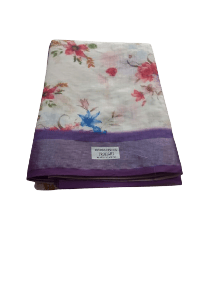 Floral Print Pure Linen Saree With Blouse Piece In Purple Color Small Border