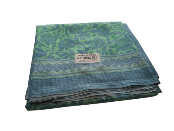 Green and Blue Floral Print Pure Kashmir Silk Saree with Blouse Piece